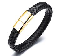 HALUKAKAH Kids ● Solo Junior ● Boy's Genuine Leather Bracelet Classic Black 6-12 Y/O. Golden Titanium Magnetic Clasp 7"/18cm with Free Giftbox
