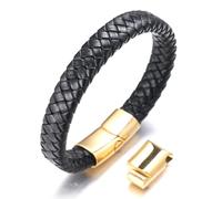 HALUKAKAH Kids ● Solo Junior ● Boy's Genuine Leather Bracelet Classic Black 6-12 Y/O. Golden Titanium Magnetic Clasp Size Adjustable 7"-7.7"(18-19.5cm) with Free Giftbox