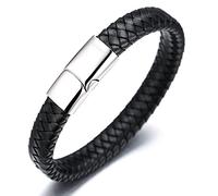 HALUKAKAH Kids ● Solo Junior ● Boy's Genuine Leather Bracelet Classic Black 6-12 Y/O. Titanium Magnetic Clasp 7"/18cm,Free Giftbox