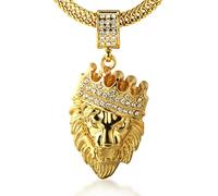 HALUKAKAH ● Kings Landing ● Men's 18k Real Gold Plated Crown Lion Pendant Necklace Artificial Diamonds Set with Free Sharktail Chain 30"