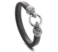 HALUKAKAH Leather Bracelet for Men Antique Silver Steel Eagle Head 21.5cm Vintage Retro Style Gift for Him