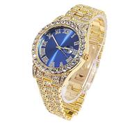HALUKAKAH Men's 18k Gold Plated Quartz Watch, 42mm Blue Dial, Real Handset Lab Diamonds, 24cm Bracelet, Comes with Gift Box
