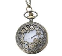 HALUKAKAH Men's Pocket Watch with Chain Quartz Bronze Vintage Gearwheel Pattern Roman Numerals Scale,with 2 Chains Set Pocket Chain+Necklace,Free Giftbox