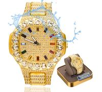 HALUKAKAH Moissanite Diamond Gold Watch for Men - 18k Real Gold/Platinum White Gold Plated,Basic Waterproof,Extra Big Diamonds Set Dial with Multicolour Gems,Iced Out,24cm Wristband,Giftbox Included