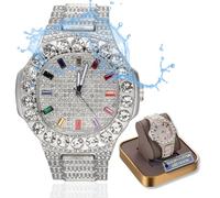 HALUKAKAH Moissanite Diamond Gold Watch for Men - Luxury Platinum White Gold Plated,Basic Waterproof,Extra Big Diamonds Set Dial with Multicolour Gems,Iced Out,24cm Wristband,Giftbox Included!