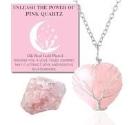 HALUKAKAH Moonstone Necklace - LUNARLOVE - Handmade Platinum Plated Winding Tree of Life Wire, Natural Pink Quartz Heart Shape Pendants and 50cm Chain