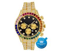 HALUKAKAH Multicolor Diamonds Gold Watch Iced Out,Men's 18K Real Gold Plated 40MM Width Black Dial Quartz Wristband 21cm,Free Giftbox