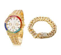 HALUKAKAH Multicolor Diamonds Gold Watch Iced Out,Men's 18K Real Gold Plated 40MM Width White Dial Quartz Wristband 21cm with Cuban Link Chain 20cm Bracelet,Free Giftbox