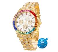 HALUKAKAH Multicolor Diamonds Gold Watch Iced Out,Men's 18K Real Gold Plated 40MM Width White Dial Quartz Wristband 21cm,Free Giftbox