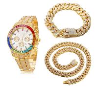 HALUKAKAH Multicolor Diamonds Gold Watch Iced Out,Men's 18K Real Gold Plated 40MM Width White Dial Quartz Wristband 21cm with Cuban Link Chain 20+45cm Necklace Bracelet,Free Giftbox