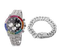 HALUKAKAH Multicolor Diamonds Gold Watch Iced Out,Men's Platinum White Gold Plated 40MM Width Black Dial Quartz Wristband 21cm with Cuban Link Chain 20cm Bracelet,Free Giftbox