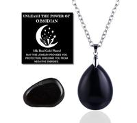 HALUKAKAH Natural Stone Crystal Necklace - LUNARLOVE - Handmade Platinum Plated Modern Elegant Wire, Obsidian Waterdrop Shape Pendants and 50cm Chain