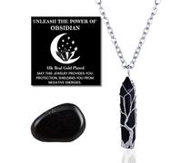 HALUKAKAH Natural Stone Crystal Necklace - LUNARLOVE - Handmade Platinum Plated Winding Tree of Life Wire, Obsidian Hexagonal Shape Pendant and 50cm Chain, Gift for Her