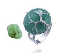 HALUKAKAH Natural Stone Crystal Ring - LUNARLOVE - Handmade Platinum Plated Winding Tree of Life Wire, Green Jade Full Moon Shape, Size Adjustable, Gift for Her