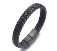 HALUKAKAH ● Nightwatch ● Men's Genuine Black Leather Titanium Bracelet Red Cord 8.46"(21.5cm) Magnetic Clasp with Free GIftbox
