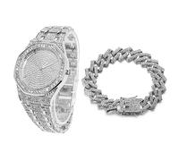 HALUKAKAH Octagon Dial Diamonds Gold Watch Iced Out, Men's Platinum White Gold Plated Quartz Wristband 22cm, with Cuban Link Bracelet 20cm, Free Giftbox