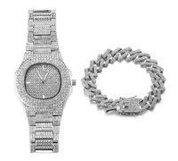 HALUKAKAH Oval Dial Diamonds Gold Watch Iced Out, Men's Platinum White Gold Plated Quartz Wristband 24cm, with Cuban Link Bracelet 20cm, Free Giftbox