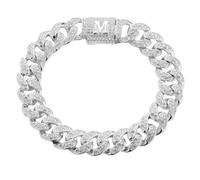Halukakah Over 400 Diamonds Platinum White Gold Plated Cuban Link Chain Bracelet for Men and Women, Clustered Diamond 3D Initial M Bubble Letter Clasp - Complete with Giftbox - Giftidea for Loved Ones