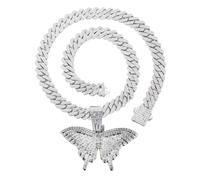 HALUKAKAH Platinum Plated Pendant Necklace Set for Men - Over 1000 Diamonds - Cuban Link Chain - Clustered Diamonds 3D Butterfly Pendant - Hip Hop Style - Complete with Giftbox