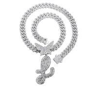 HALUKAKAH Platinum White Gold Plated Pendant Necklace for Kids - Over 1000 Diamonds - Cuban Link Chain - Clustered Diamonds 3D Butterfly Initial L Letter Pendant - Giftidea for Loved Ones
