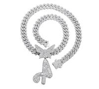 HALUKAKAH Platinum White Gold Plated Pendant Necklace for Men and Women - Over 1000 Diamonds - Cuban Link Chain - Clustered Diamonds 3D Butterfly Initial A Letter Pendant - Giftidea for Loved Ones