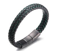 HALUKAKAH Plus ● Jazz ● Men's Genuine Leather Handmade Braid Black Mix Green Bracelet Titanium Magnetic Frosted Clasp Size Adjustable 21.5-23cm with Free Giftbox
