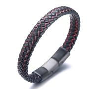 HALUKAKAH Plus ● Jazz ● Men's Genuine Leather Handmade Braid Black Mix Red Bracelet Titanium Magnetic Frosted Clasp Size Adjustable 21.5-23cm with Free Giftbox