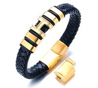 HALUKAKAH Plus ● Memory ● Men's Genuine Leather Handmade Anniversary Limited Golden H Bracelet Titanium Magnetic Clasp Size Adjustable 8.5"-9"(21.5-23cm) with Free Giftbox