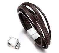 HALUKAKAH Plus ● Road Trip ● Men's Genuine Brown Leather Multilayer Bracelet Titanium Silver Magnetic Clasp Size Adjustable 8.5"-9"(22-23cm) with Free Giftbox