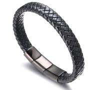 HALUKAKAH Plus ● Solo ● Men's Genuine Black Leather Bracelet Classic Style Black Titanium Magentic Clasp Size Adjustable 8.46"-9"(21.5-23cm) with Free Giftbox