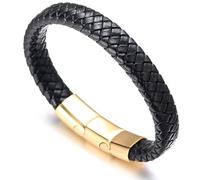 HALUKAKAH Plus ● Solo ● Men's Genuine Black Leather Bracelet Classic Style Golden Titanium Magentic Clasp Size Adjustable 8.46"-9"(21.5-23cm) with Free Giftbox