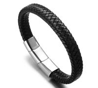 HALUKAKAH Plus ● Solo ● Men's Genuine Black Leather Bracelet Classic Style Titanium Magentic Clasp Size Adjustable 8.46"-9"(21.5-23cm) with Free Giftbox