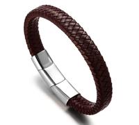 HALUKAKAH Plus ● Solo ● Men's Genuine Brown Leather Bracelet Classic Style Titanium Magentic Clasp Size Adjustable 8.46"-9"(21.5-23cm) with Free Giftbox