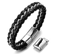 HALUKAKAH Plus ● Solo ● Men's Genuine Leather Titanium Bracelet Magnetic Clasp Magentic Clasp Size Adjustable 8.5"-9"(21.5-23cm) Black & Silver with Free Giftbox