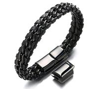 Halukakah Plus ● Solo Silver/Honor Gold/Nightwatch Black ● Men's Genuine Leather Bracelet Titanium Chain Magnetic Clasp 21.5-23cm with Free Giftbox (Night Watch Black Double Chain with An Extra Clasp)