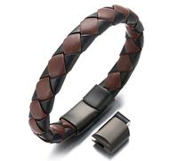 HALUKAKAH Plus ● Tango ● Men's Genuine Leather Handmade Bracelet Braid Brown & Black Check Titanium Magnetic Clasp 8.5"-9"(21.5-23cm) with Free Giftbox