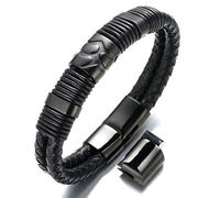 HALUKAKAH Plus ● Volcano ● Men's Genuine Leather Bracelet All Black with Titanium Magnetic Clasp Size Adjustable 8.5"-9"(21.5-23cm) with Free Giftbox
