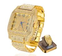 HALUKAKAH Premium Diamond Gold Watch for Men - 18k Real Gold Plated, Basic Waterproof, Roman Numerals Square Dial, 200G Heavy-Made, 3-Sides Iced Out, 24cm Wristband - Giftbox Included!