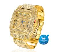 HALUKAKAH Premium Moissanite Diamond Gold Watch for Men - 18k Real Gold Plated, Basic Waterproof, Roman Numerals Square Dial, 200G Heavy-Made, 3-Sides Iced Out, 24cm Wristband - Giftbox Included