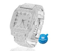 Halukakah Premium Moissanite Diamond Gold Watch for Men - Platinum White Gold Plated, Basic Waterproof, Roman Numerals Square Dial, 200G Heavy-Made, 3-Sides Iced Out, 24cm Wristband - Giftbox Included