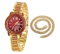 HALUKAKAH Red Diamonds Gold Watch Iced Out for Boy Teens Kids - 18K Real Gold Plated, 32mm Red Round Dial, Japanese Quartz - 19.5cm Length - Comes with Cuban Chain 40cm - for Birthday, Parties