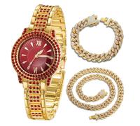 HALUKAKAH Red Diamonds Gold Watch Iced Out for Boy Teens Kids - 18K Real Gold Plated, 32mm Red Round Dial, Japanese Quartz - 19.5cm Length - Comes with Cuban Chains 18+40cm - for Birthday, Parties