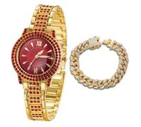 HALUKAKAH Red Diamonds Gold Watch Iced Out for Boy Teens Kids - 18K Real Gold Plated, 32mm Red Round Dial, Japanese Quartz - 19.5cm Length - Comes with Cuban Chain 18cm - for Birthday, Parties