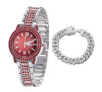 HALUKAKAH Red Diamonds Gold Watch Iced Out for Boy Teens Kids - Platinum Plated, 32mm Red Round Dial, Japanese Quartz - 19.5cm Length - Comes with Cuban Chain 18cm - for Birthday, Parties