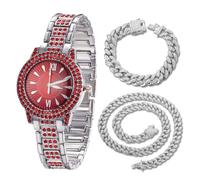 HALUKAKAH Red Diamonds Gold Watch Iced Out for Boy Teens Kids - Platinum Plated, 32mm Red Round Dial, Japanese Quartz - 19.5cm Length - Comes with Cuban Chains 18+40cm - for Birthday, Parties