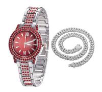 HALUKAKAH Red Diamonds Gold Watch Iced Out for Boy Teens Kids - Platinum Plated, 32mm Red Round Dial, Japanese Quartz - 19.5cm Length - Comes with Cuban Chain 40cm - for Birthday, Parties