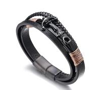 HALUKAKAH ● SAIL ● Men's Genuine Leather Handmade Braid Anchor Bracelet Titanium Matt Black Magnetic Clasp 21.5cm with Free Giftbox