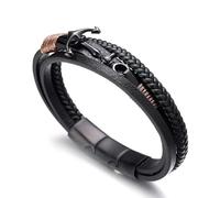 HALUKAKAH ● SAIL ● Men's Genuine Leather Handmade Braid Anchor Bracelet Titanium Matt Black Magnetic Clasp 2 Sizes 21.5+1.5cm with Free Giftbox