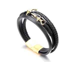 HALUKAKAH ● SAIL ● Men's Genuine Leather Handmade Braid Anchor Bracelet Titanium Matt Golden Magnetic Clasp 21.5cm with Free Giftbox
