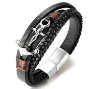 HALUKAKAH ● SAIL ● Men's Genuine Leather Handmade Braid Anchor Bracelet Titanium Matt Silver Magnetic Clasp 8.5"/21.5cm with Free Giftbox